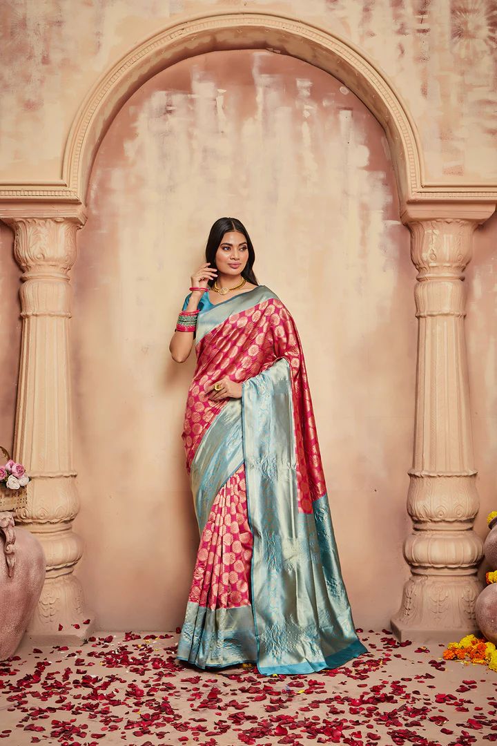 Blossoming Elegance: Pink Kanjivaram with Golden Floral Motifs