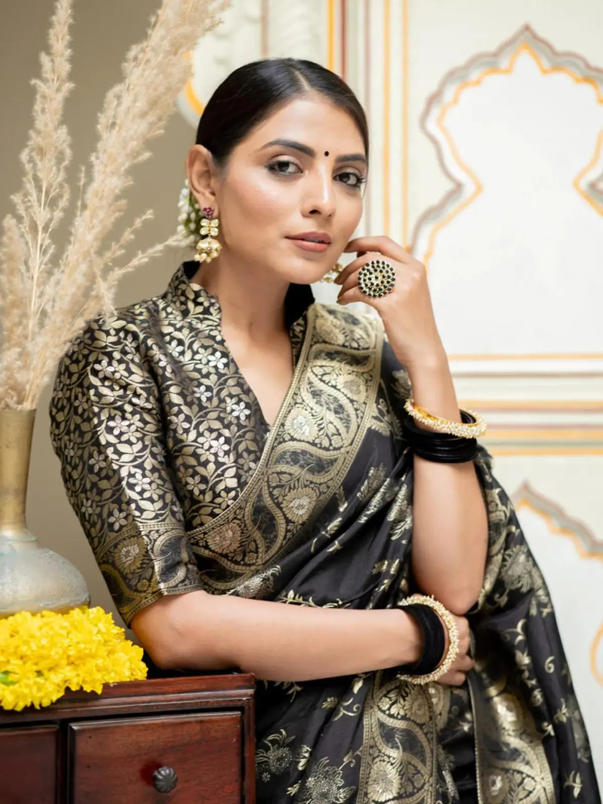 Regal Black Color Silk Saree with Gold Embroidery for woman