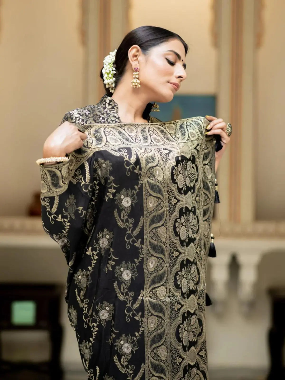 Regal Black Color Silk Saree with Gold Embroidery for woman