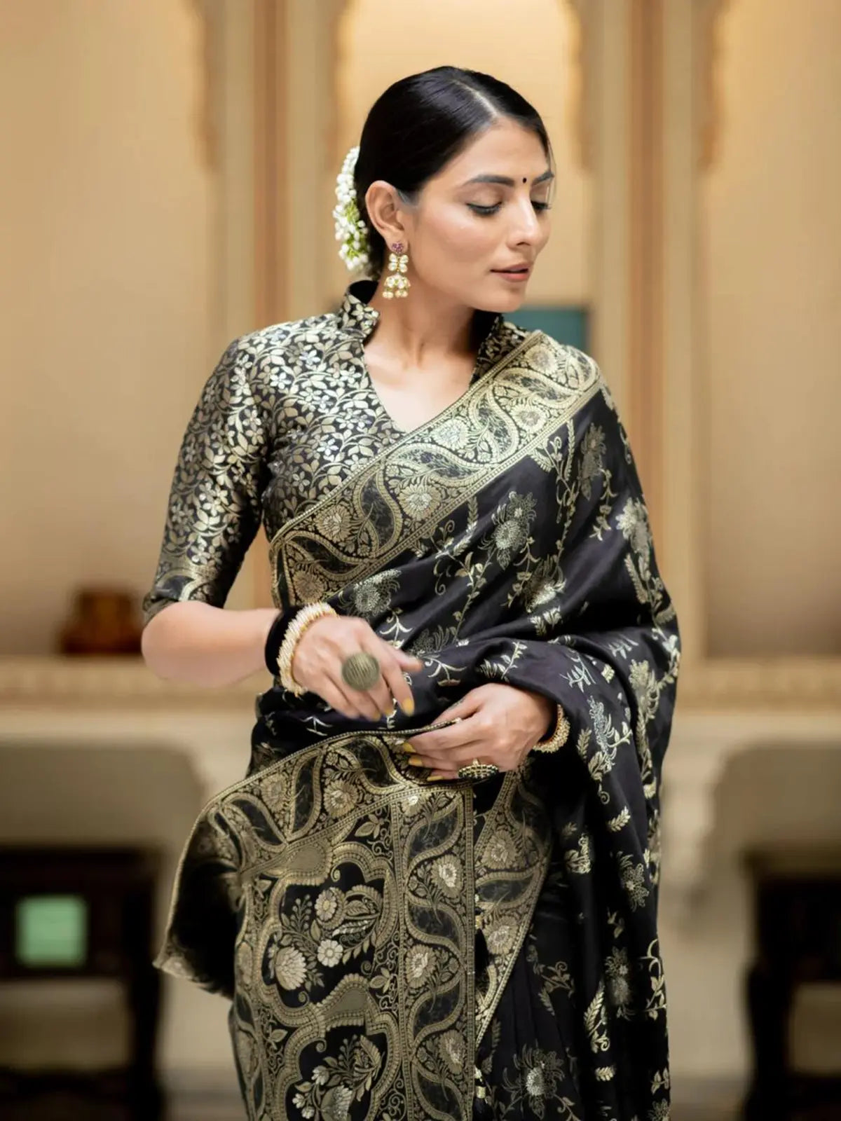 Regal Black Color Silk Saree with Gold Embroidery for woman