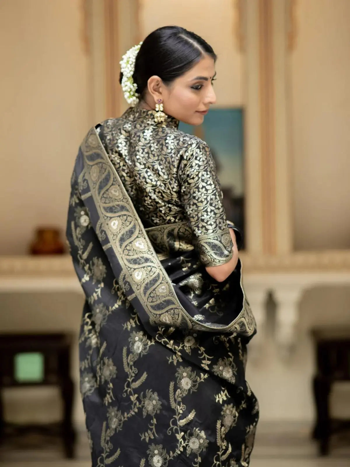 Regal Black Color Silk Saree with Gold Embroidery for woman