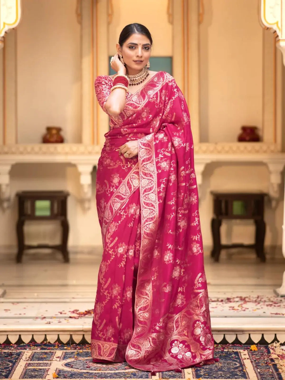 Regal Pink Color Silk Saree with Gold Embroidery for woman