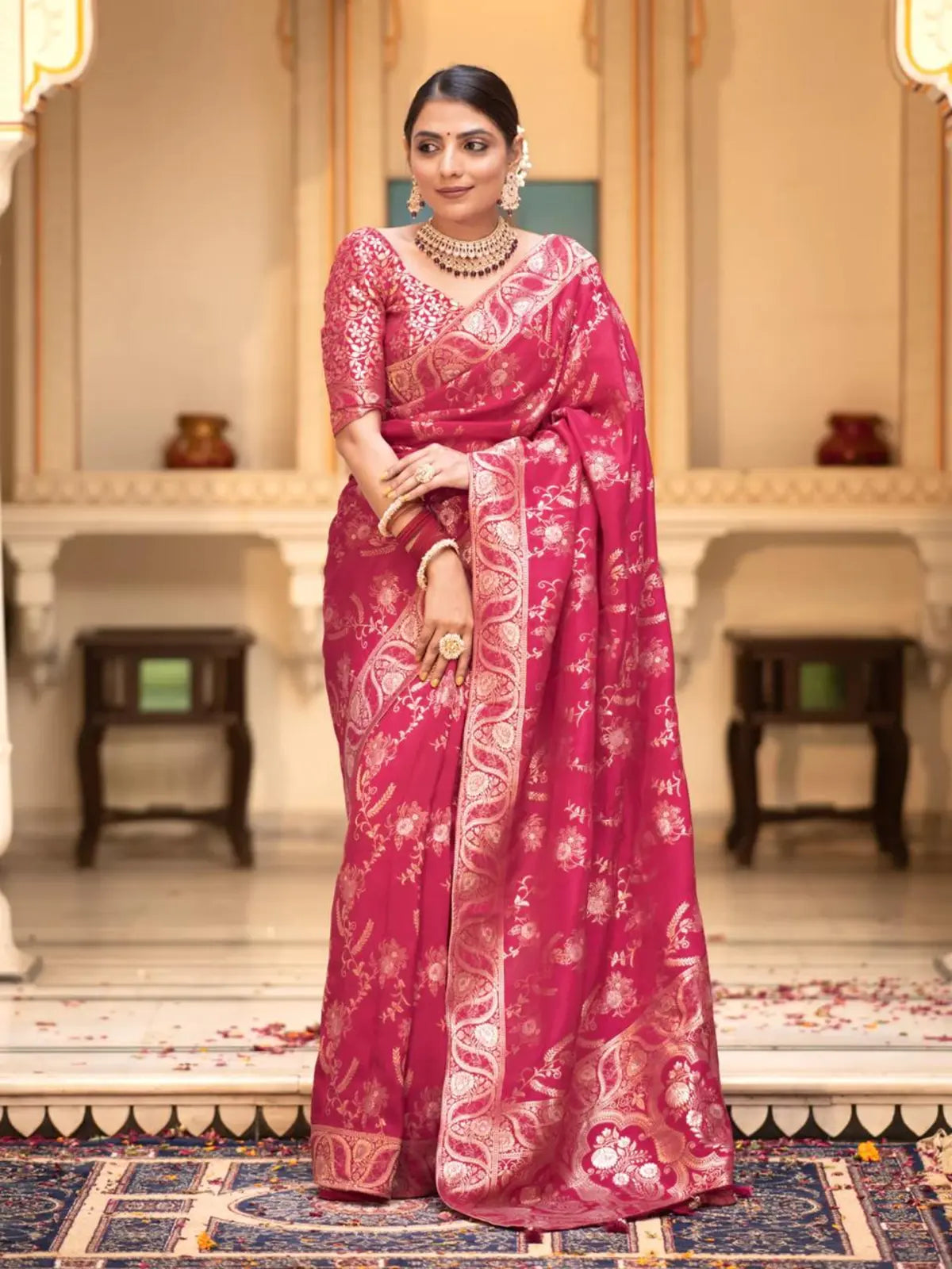 Regal Pink Color Silk Saree with Gold Embroidery for woman