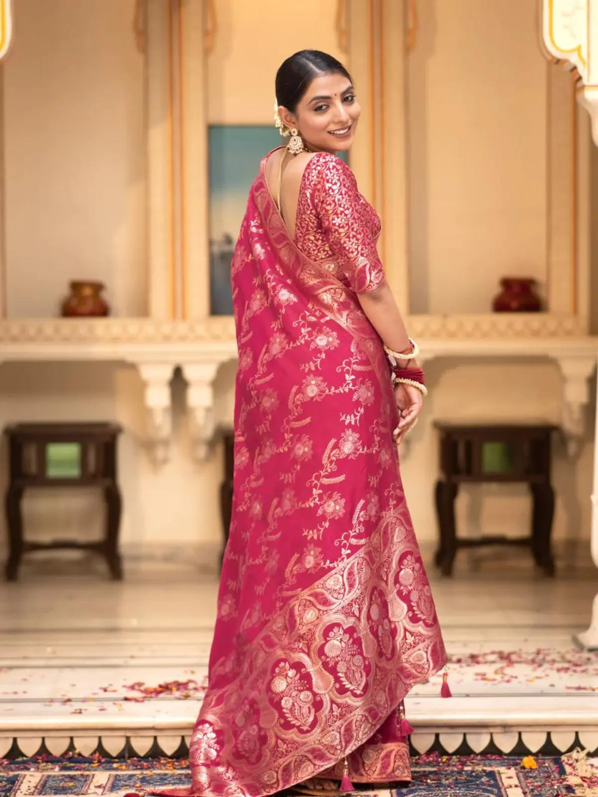 Regal Pink Color Silk Saree with Gold Embroidery for woman