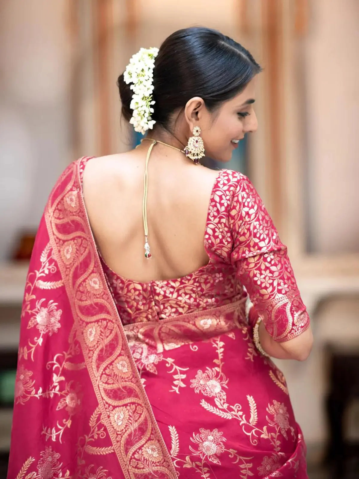 Regal Pink Color Silk Saree with Gold Embroidery for woman