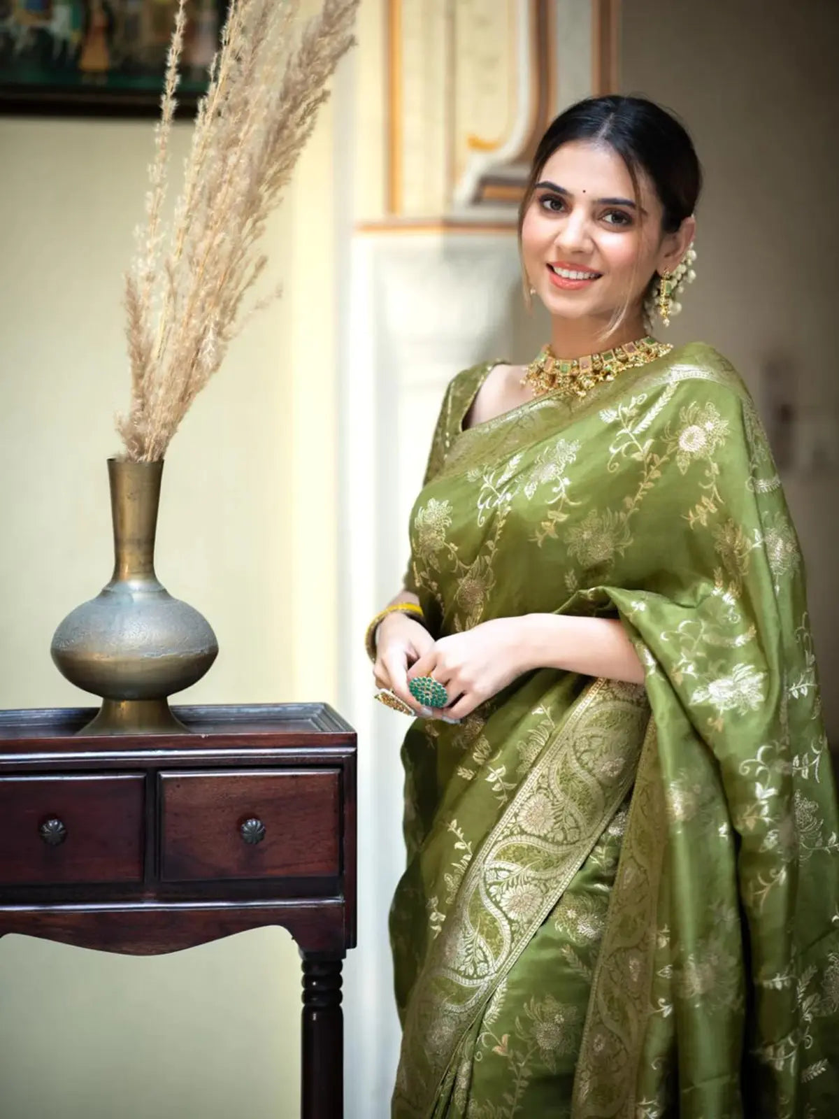 Regal Parrot Green Color Silk Saree with Gold Embroidery for woman