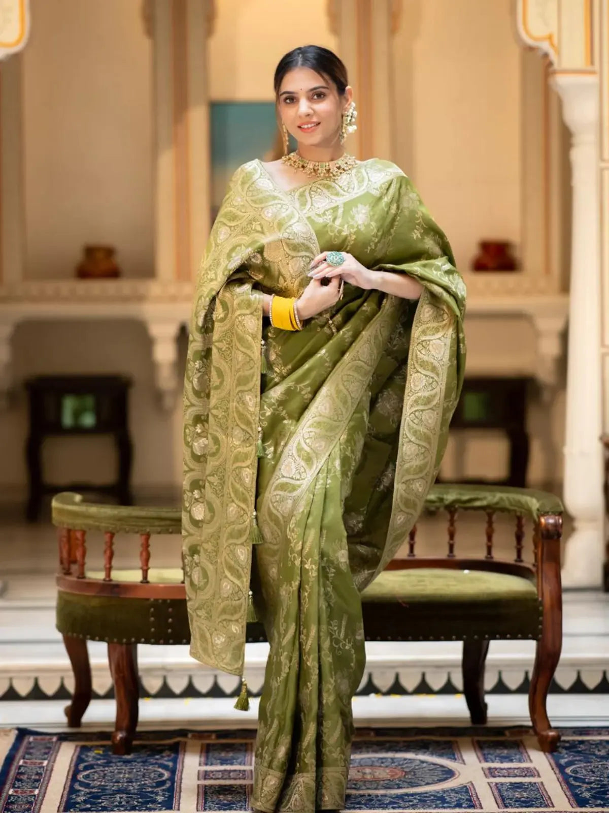 Regal Parrot Green Color Silk Saree with Gold Embroidery for woman