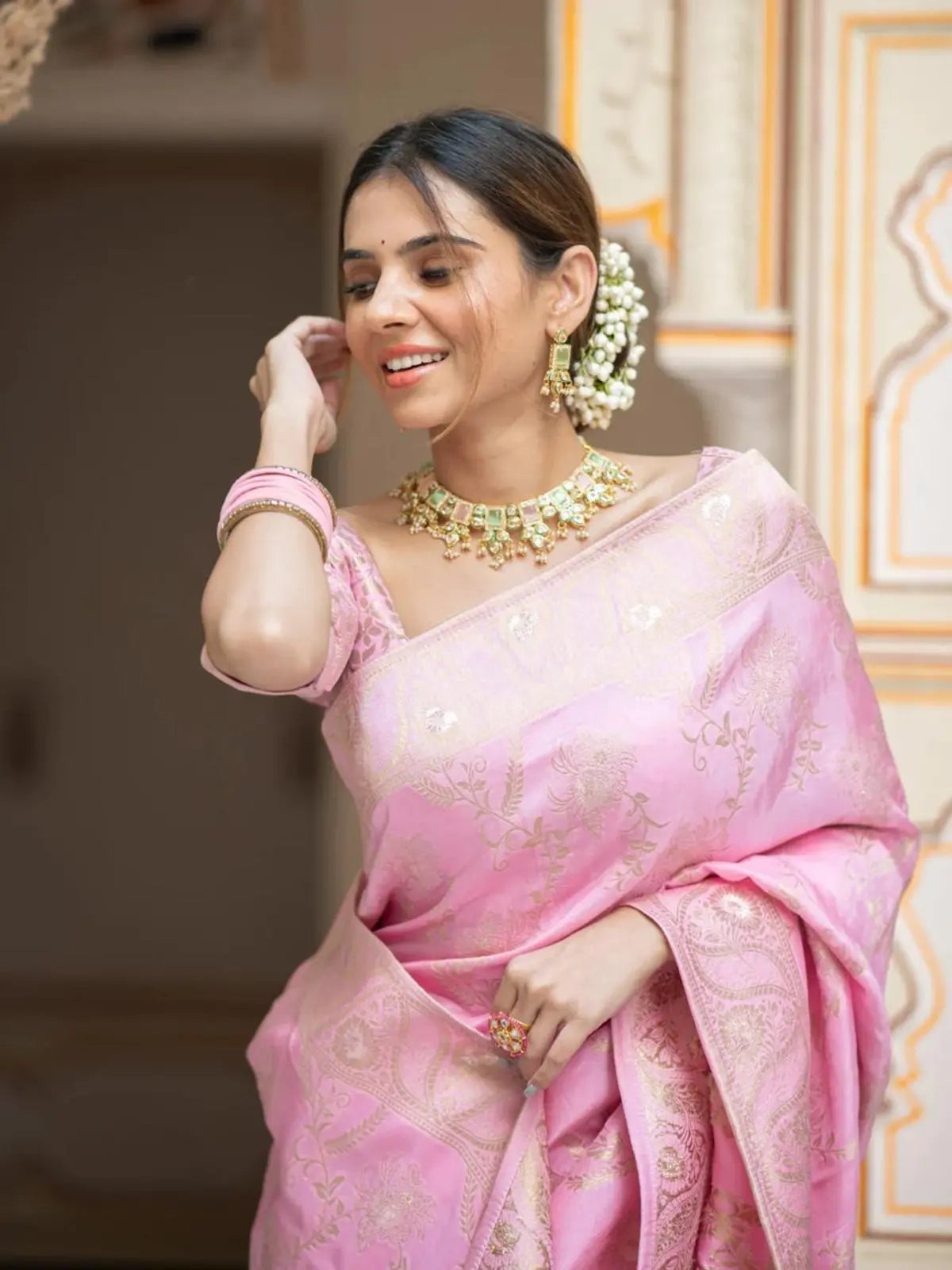 Regal Light Pink Color Silk Saree with Gold Embroidery for woman