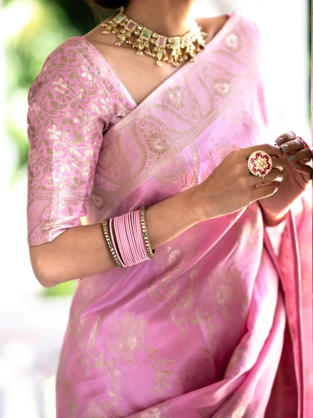 Regal Light Pink Color Silk Saree with Gold Embroidery for woman