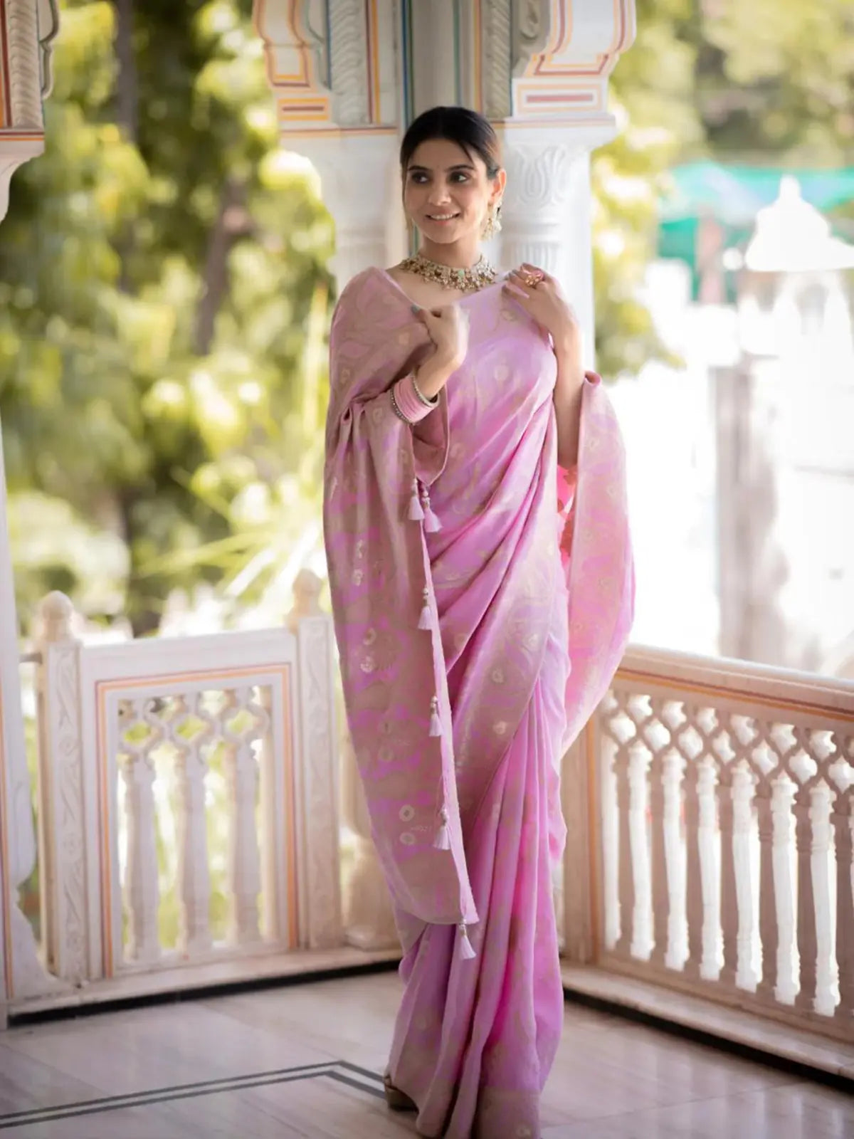 Regal Light Pink Color Silk Saree with Gold Embroidery for woman