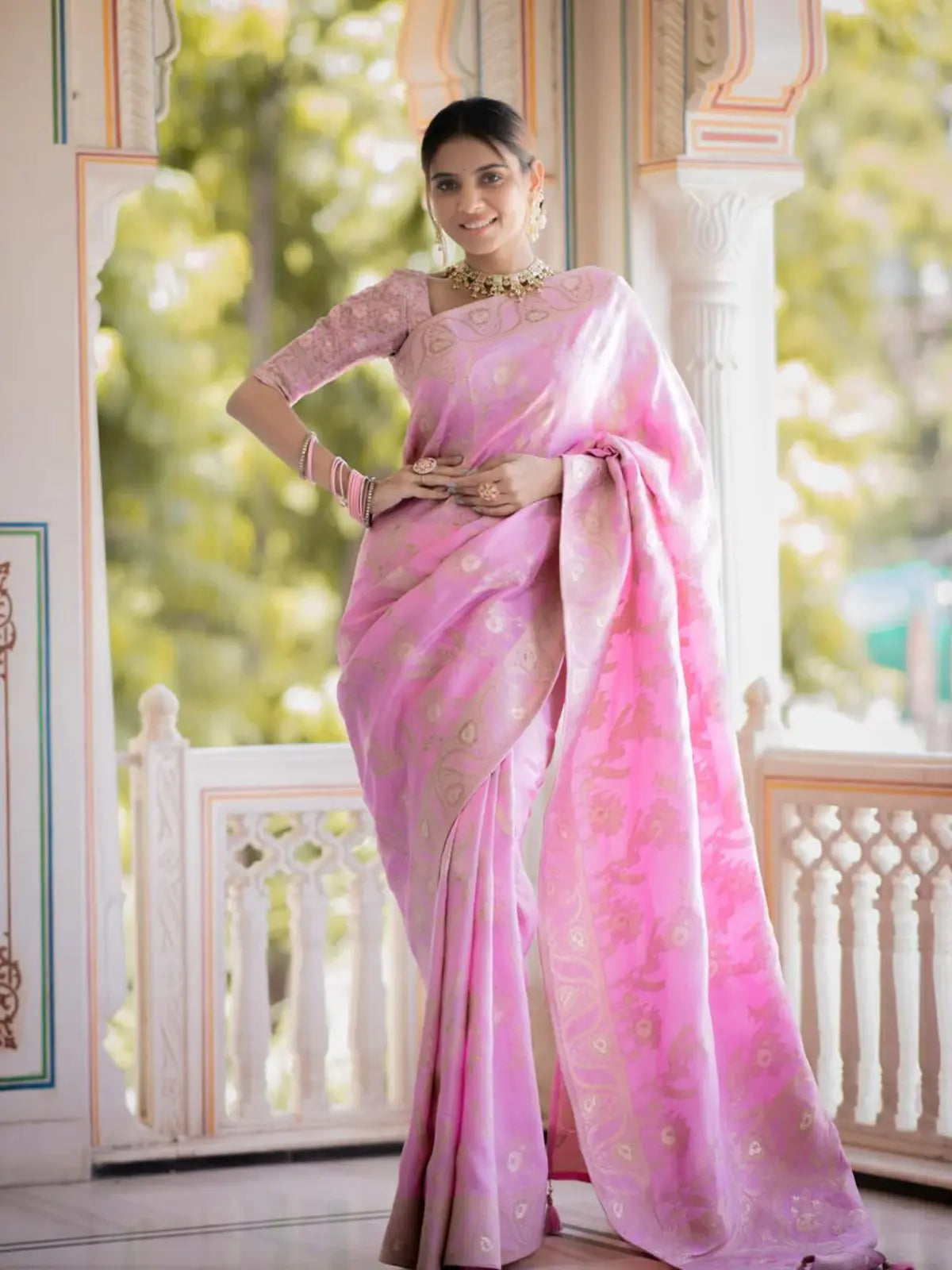 Regal Light Pink Color Silk Saree with Gold Embroidery for woman