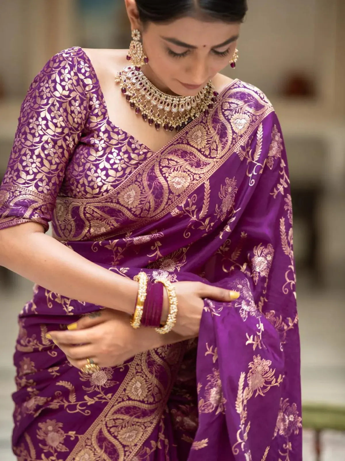 Regal Violet Color Silk Saree with Gold Embroidery for woman