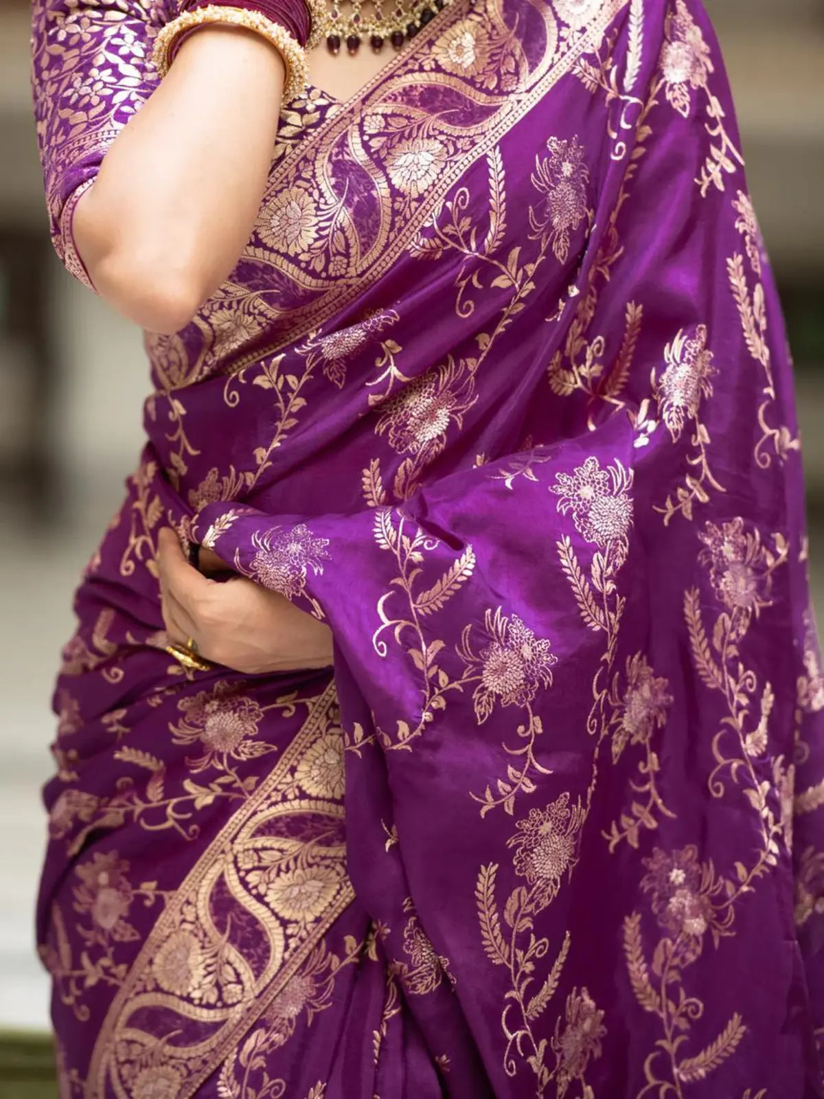 Regal Violet Color Silk Saree with Gold Embroidery for woman