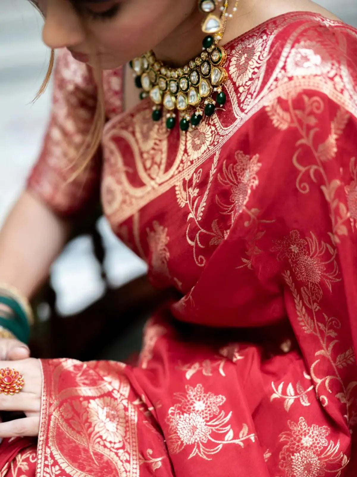 Regal Tomato Red Silk Saree with Gold Embroidery for woman