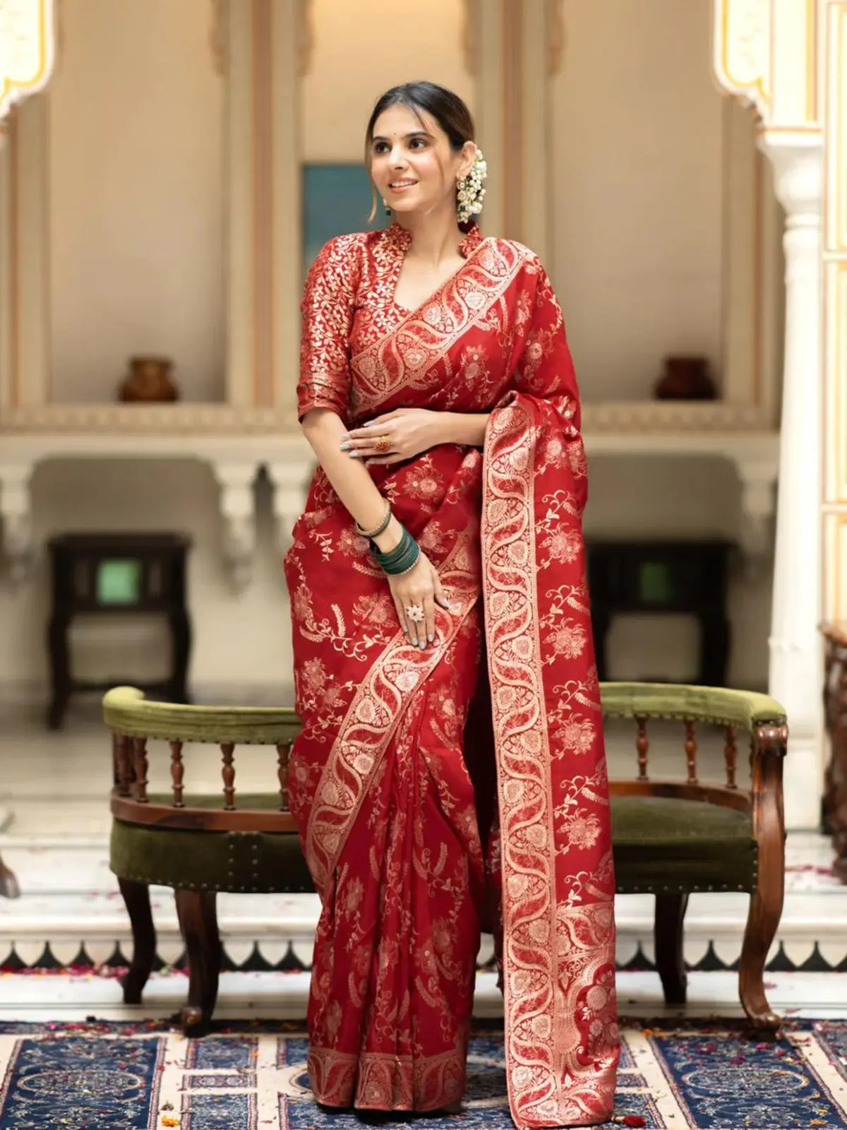 Regal Tomato Red Silk Saree with Gold Embroidery for woman