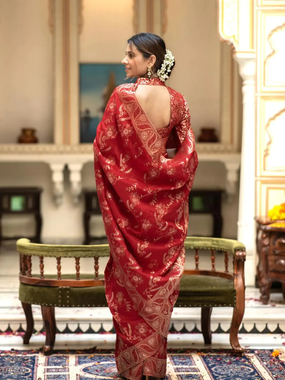 Regal Tomato Red Silk Saree with Gold Embroidery for woman