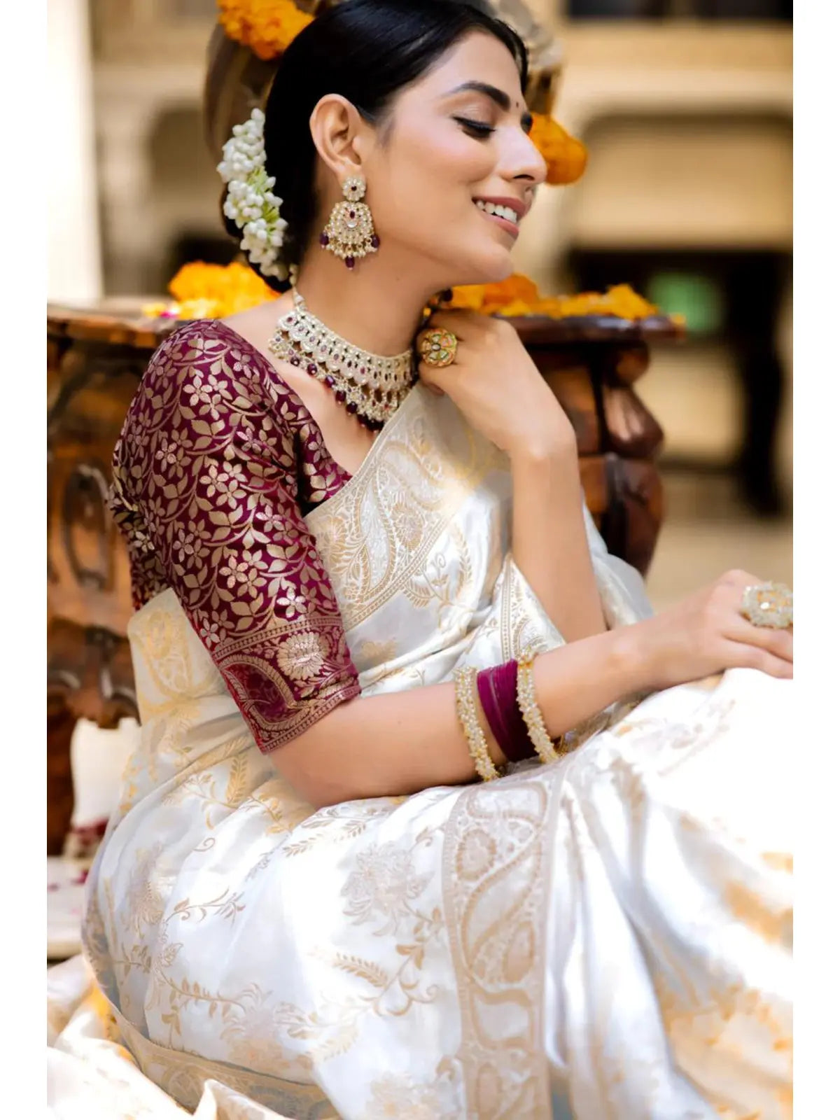 Regal White Silk Saree with Gold Embroidery for woman