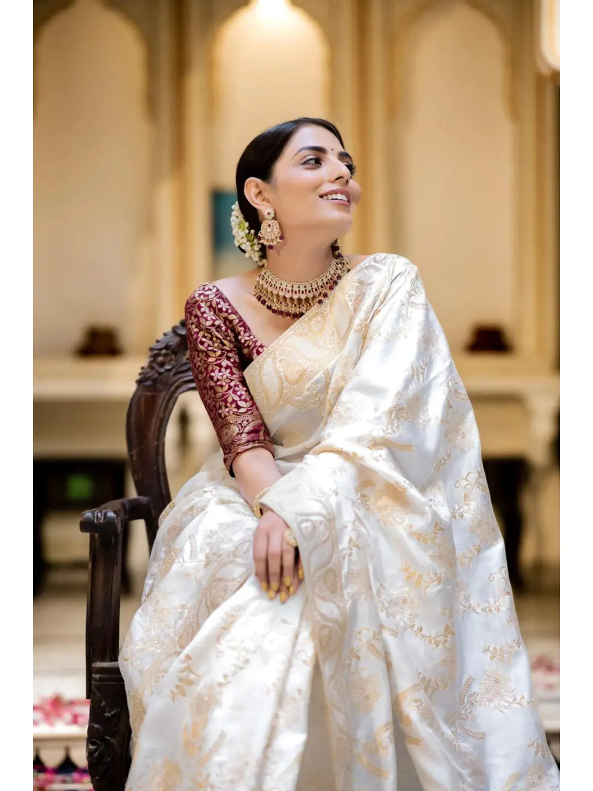 Regal White Silk Saree with Gold Embroidery for woman