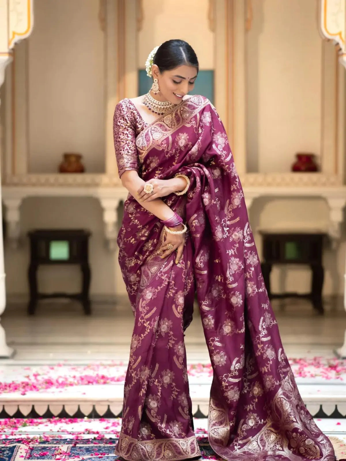 Regal Purple Silk Saree with Gold Embroidery