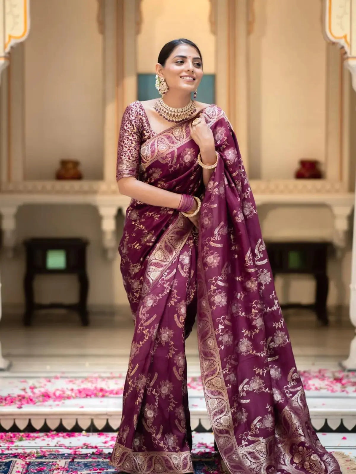 Regal Purple Silk Saree with Gold Embroidery