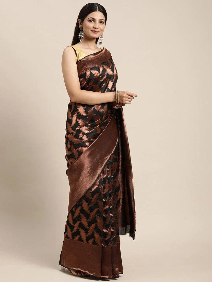 Black Saree with Golden Buti and Paisley Patti Design - Naari Silk 