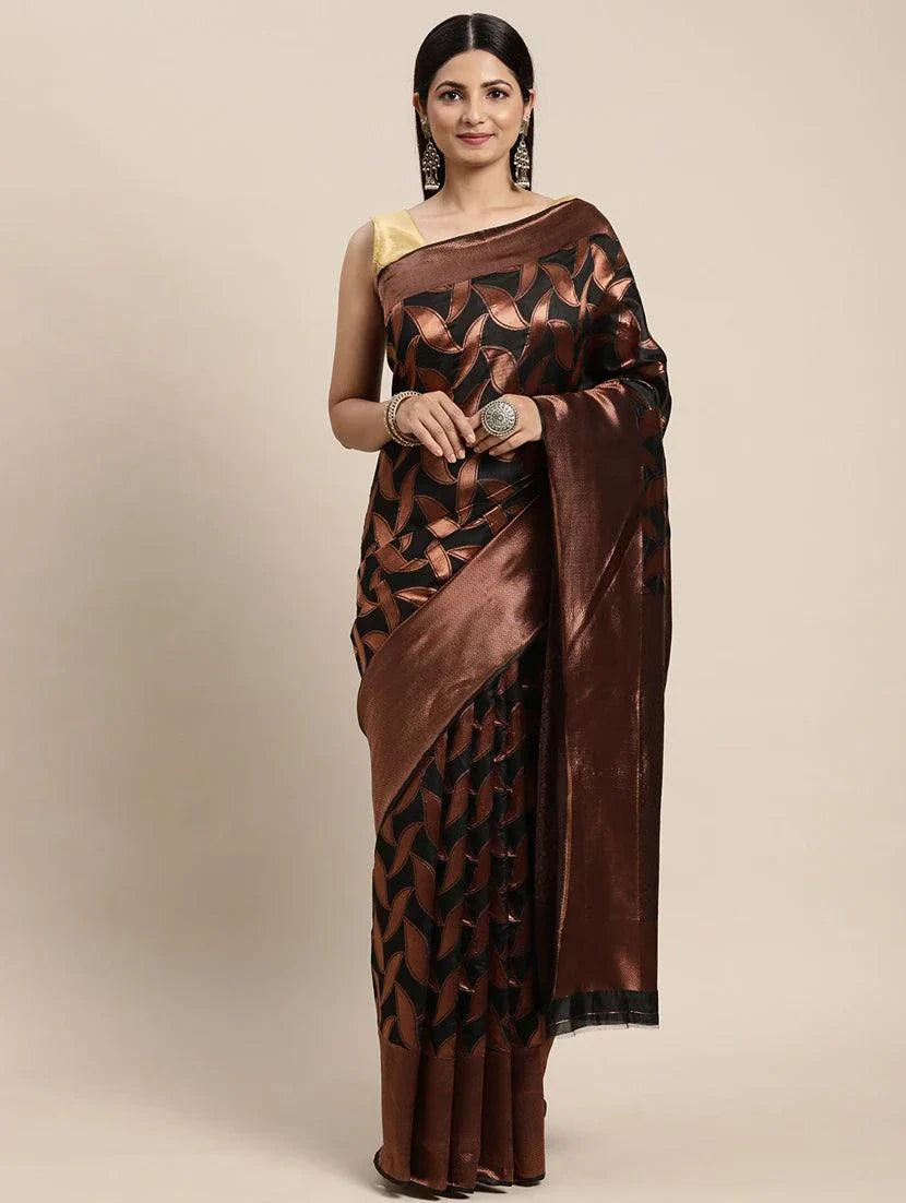 Black Saree with Golden Buti and Paisley Patti Design - Naari Silk 