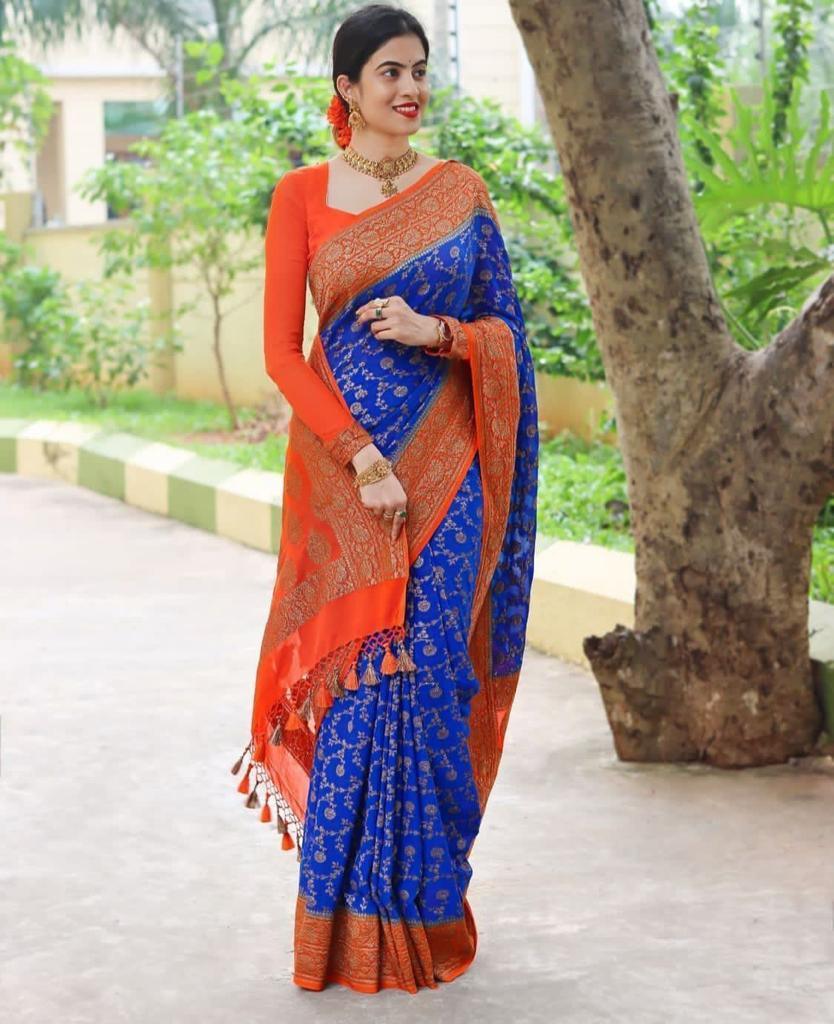 Elegant Blue & Red Paisley Kanjivaram Silk Saree for Timeless Charm - Naari Silk 