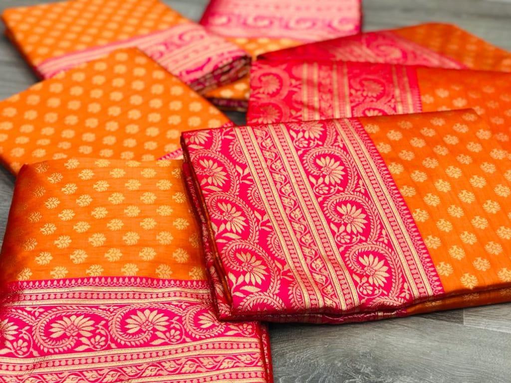 Orange Saree with Stunning Pink Patta - Naari Silk 