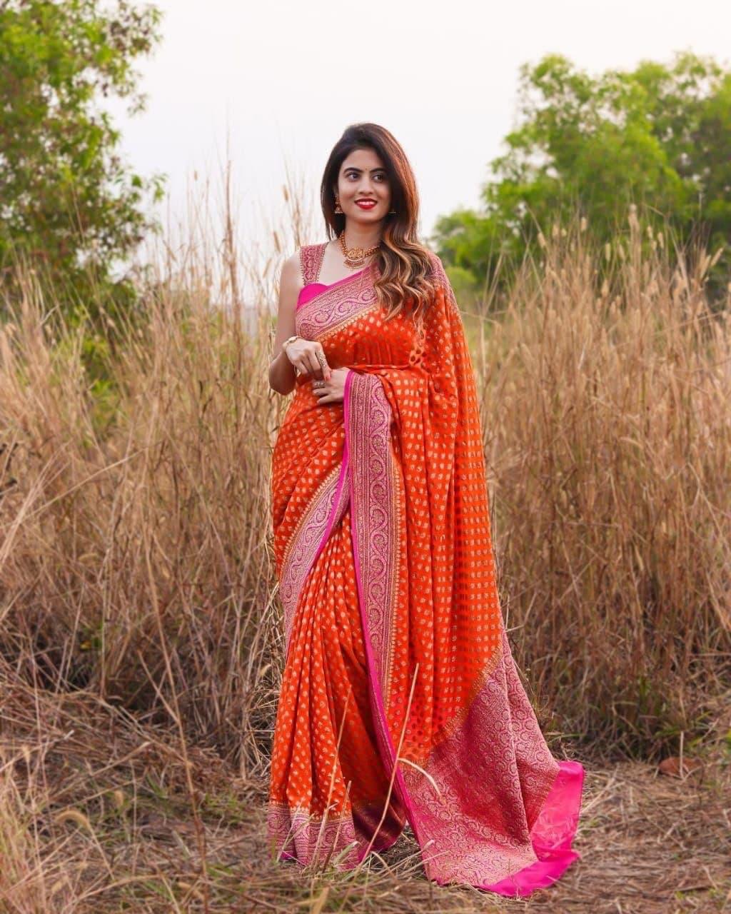 Orange Saree with Stunning Pink Patta - Naari Silk 