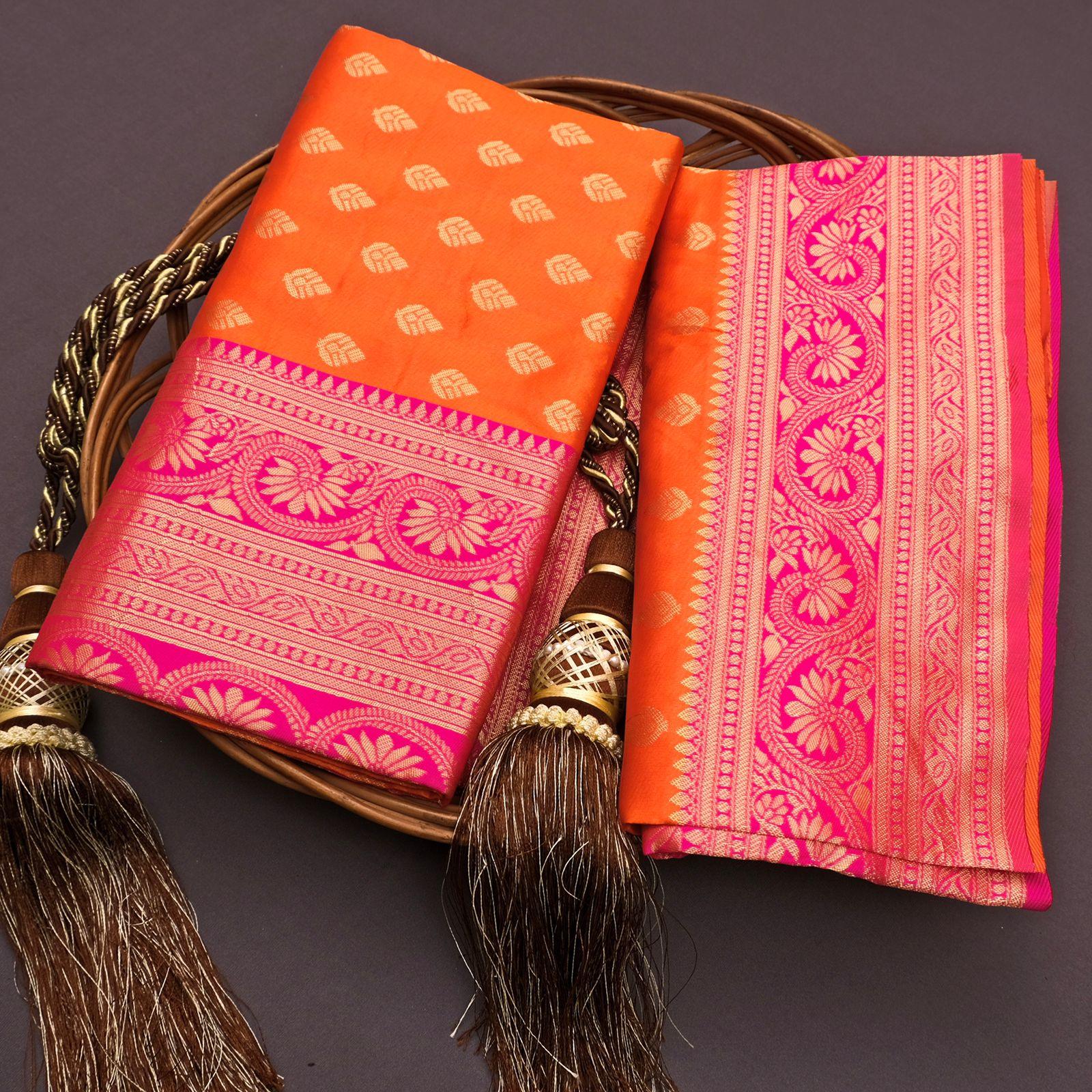 Orange Saree with Stunning Pink Patta - Naari Silk 