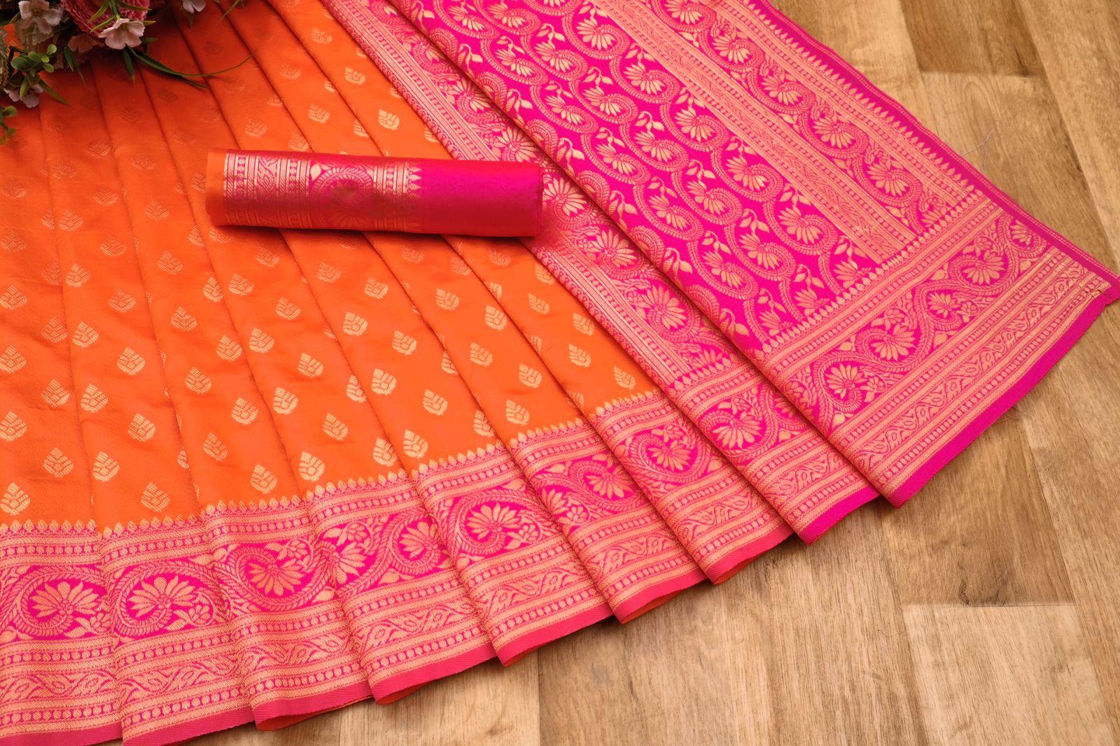 Orange Saree with Stunning Pink Patta - Naari Silk 