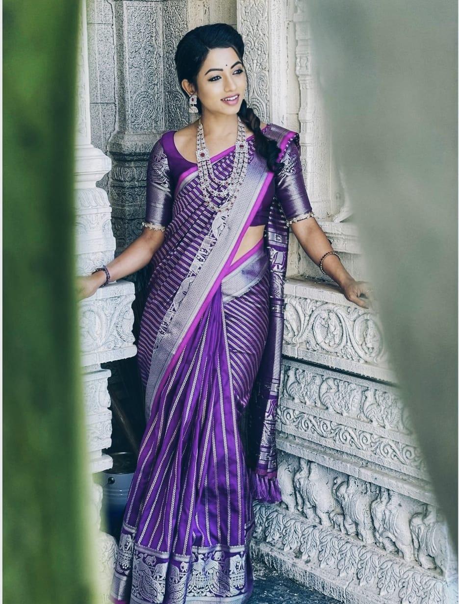 Royal Rani Purple Kanjivaram Silk Saree with Elegant Keri Design - Naari Silk 