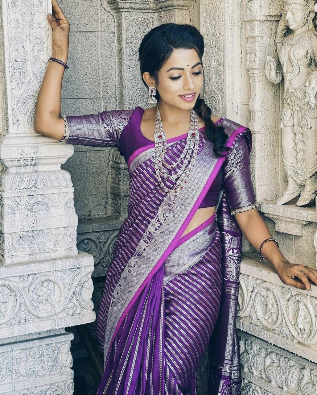 Royal Rani Purple Kanjivaram Silk Saree with Elegant Keri Design - Naari Silk 