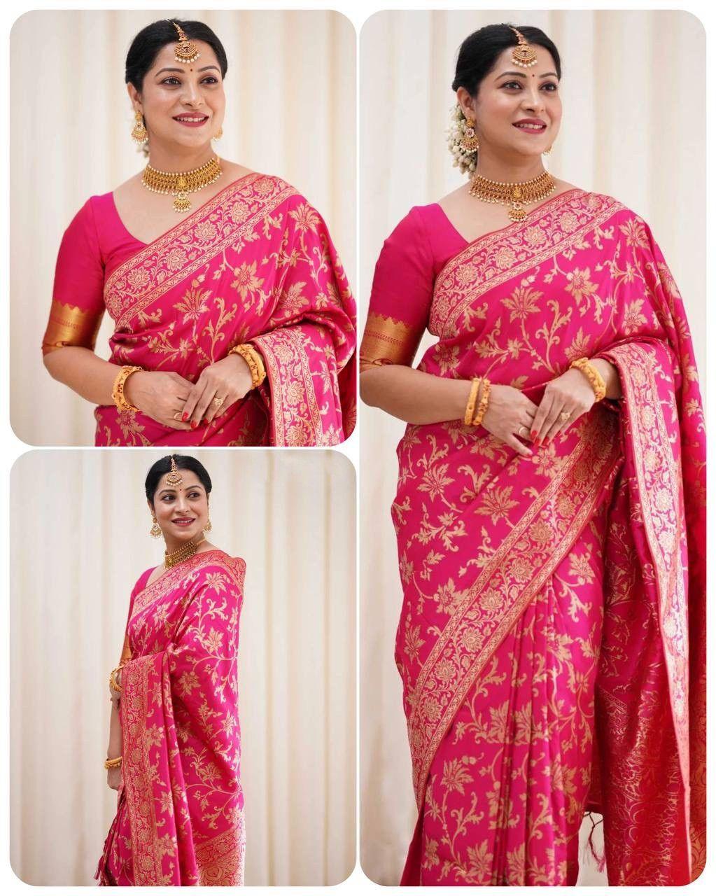 Enchanting Blush Pink Silk Saree with Blooming Zari Floral Motifs - Naari Silk 