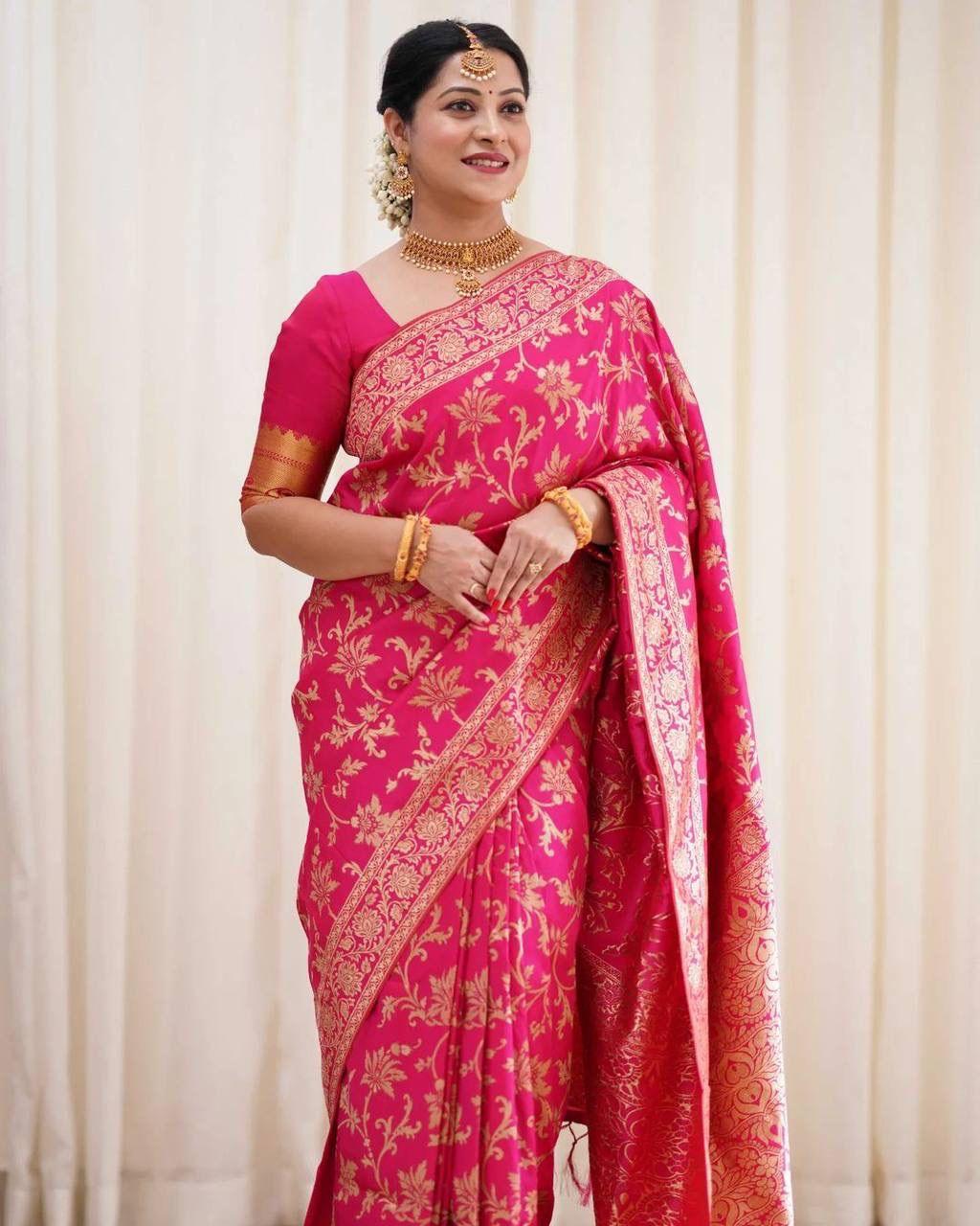 Enchanting Blush Pink Silk Saree with Blooming Zari Floral Motifs - Naari Silk 