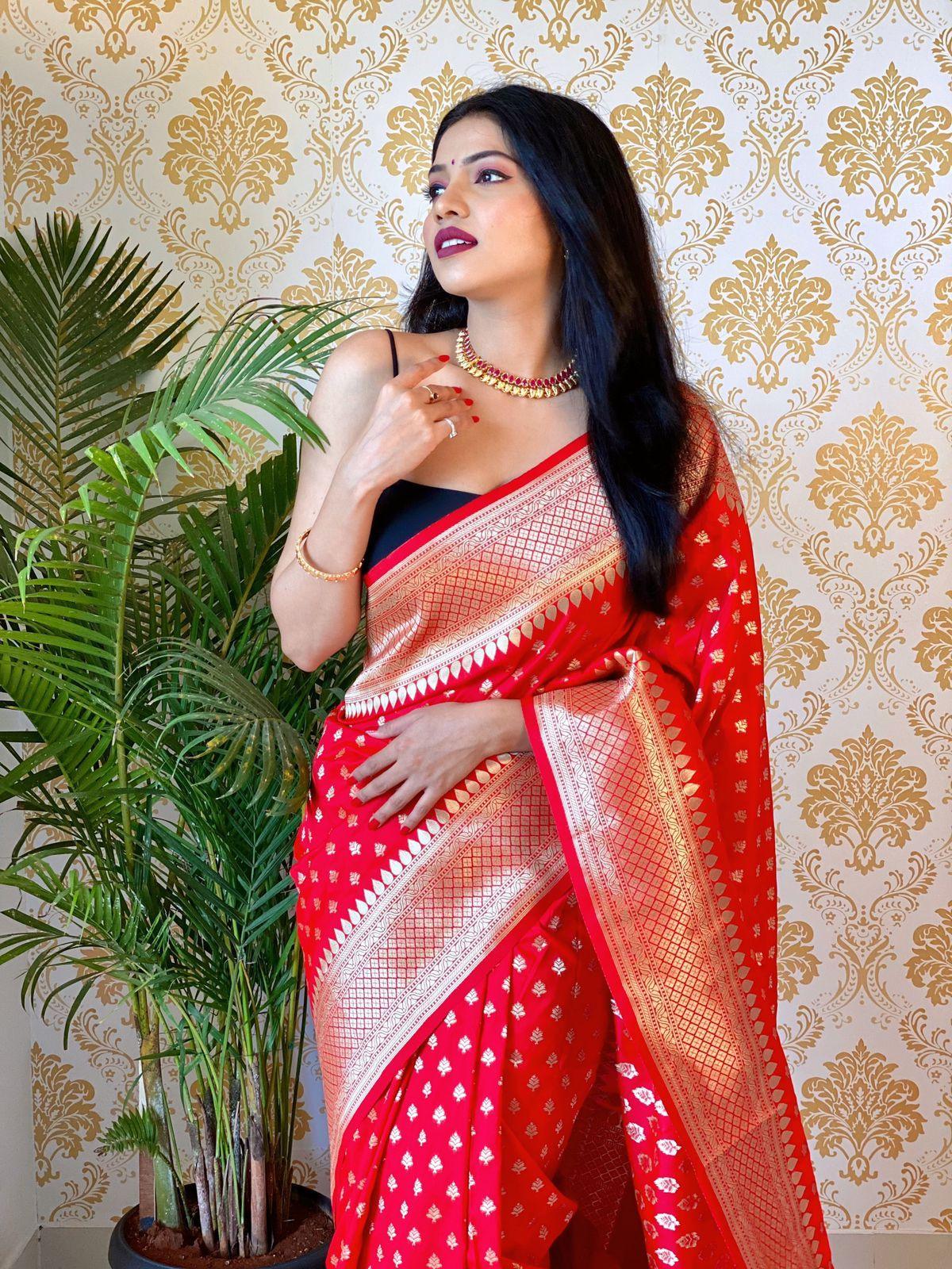 Crimson Allure: Red Bindi Saree for Radiant Elegance - Naari Silk 