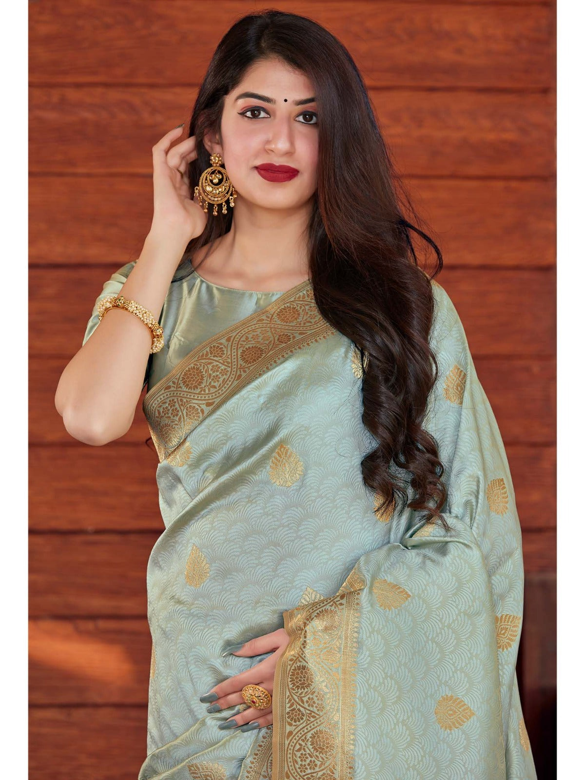 Light Blue Banarasi Silk Saree with Golden Patterns - Elegant Celebration Wear