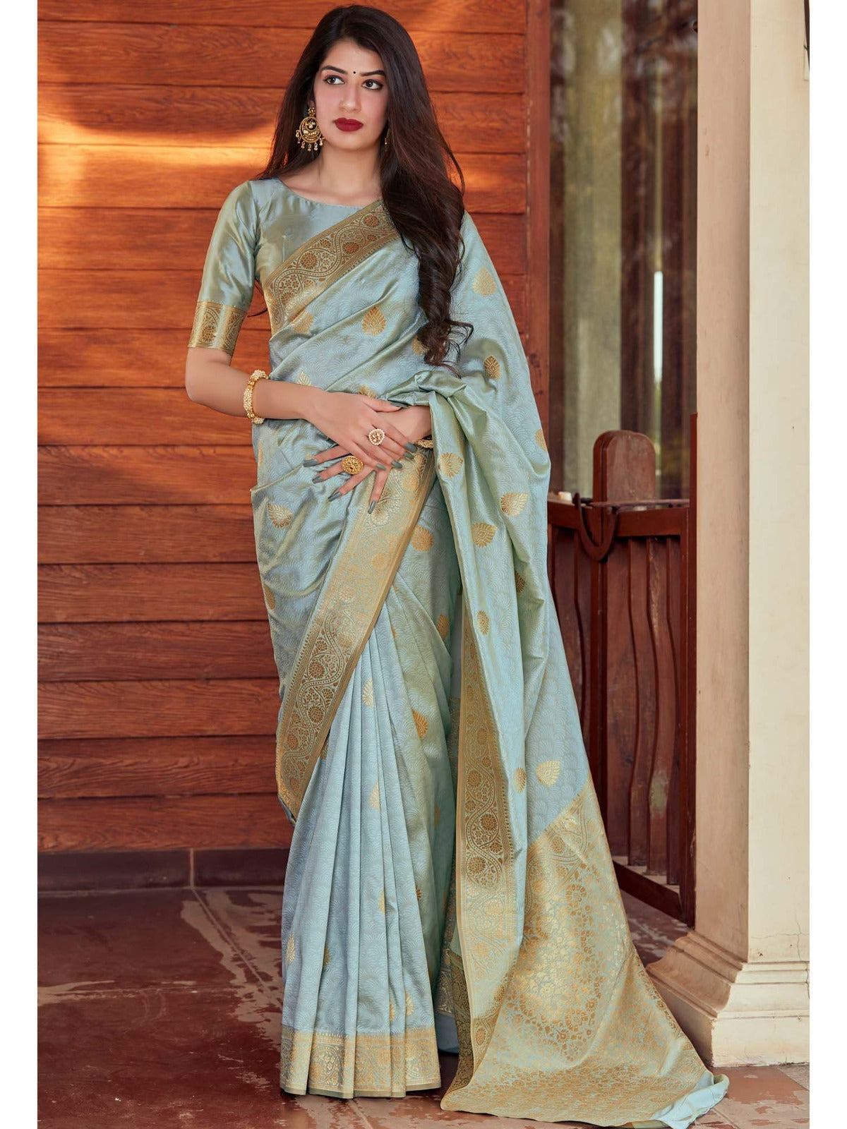 Light Blue Banarasi Silk Saree with Golden Patterns - Elegant Celebration Wear