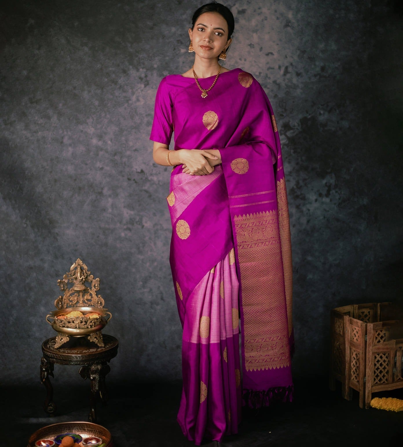 Elegant Purple Kanjivaram Silk Saree with Golden Zari Work