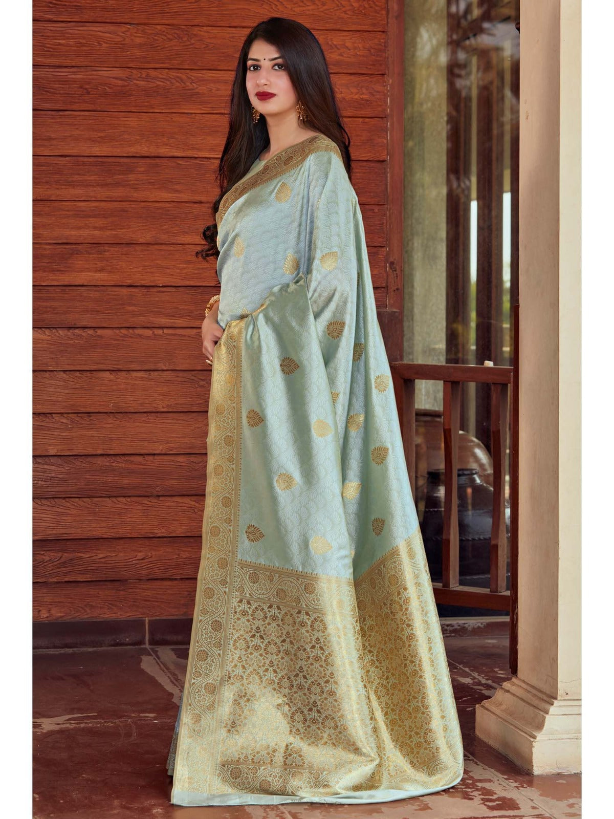 Light Blue Banarasi Silk Saree with Golden Patterns - Elegant Celebration Wear