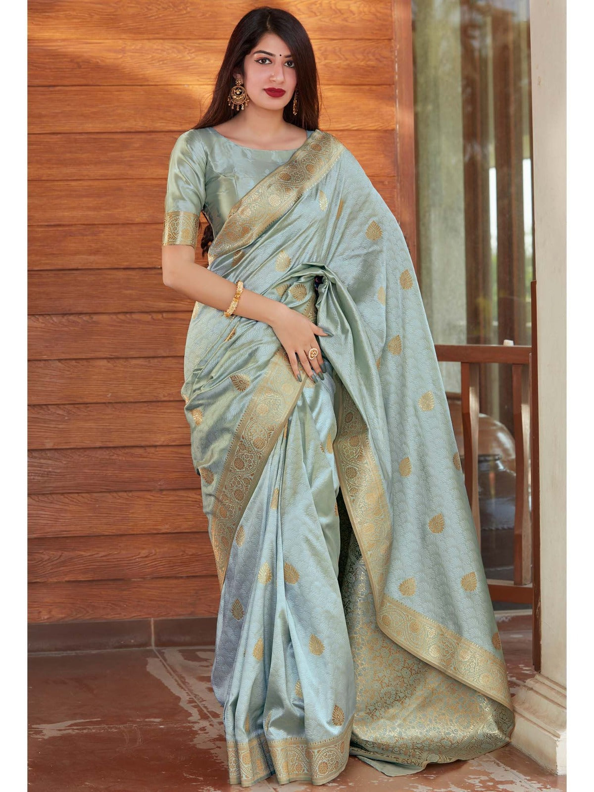 Light Blue Banarasi Silk Saree with Golden Patterns - Elegant Celebration Wear