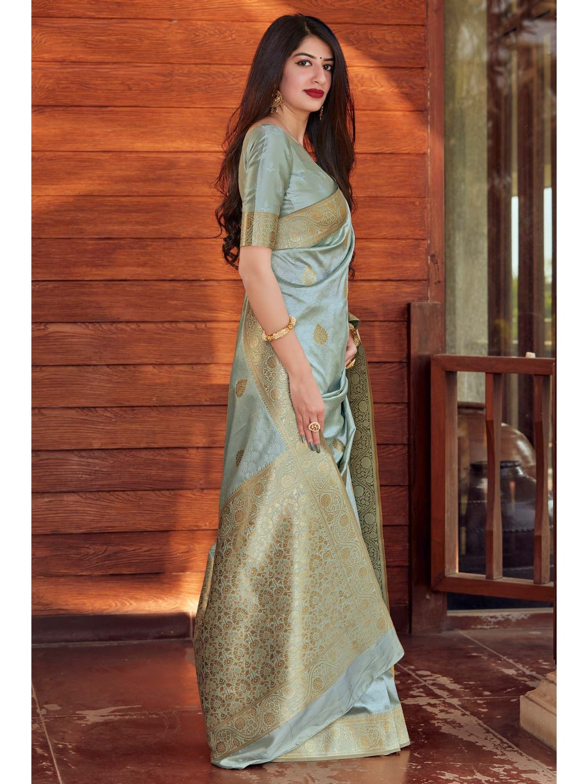 Light Blue Banarasi Silk Saree with Golden Patterns - Elegant Celebration Wear