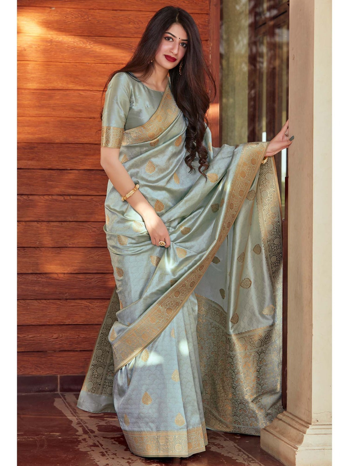 Light Blue Banarasi Silk Saree with Golden Patterns - Elegant Celebration Wear